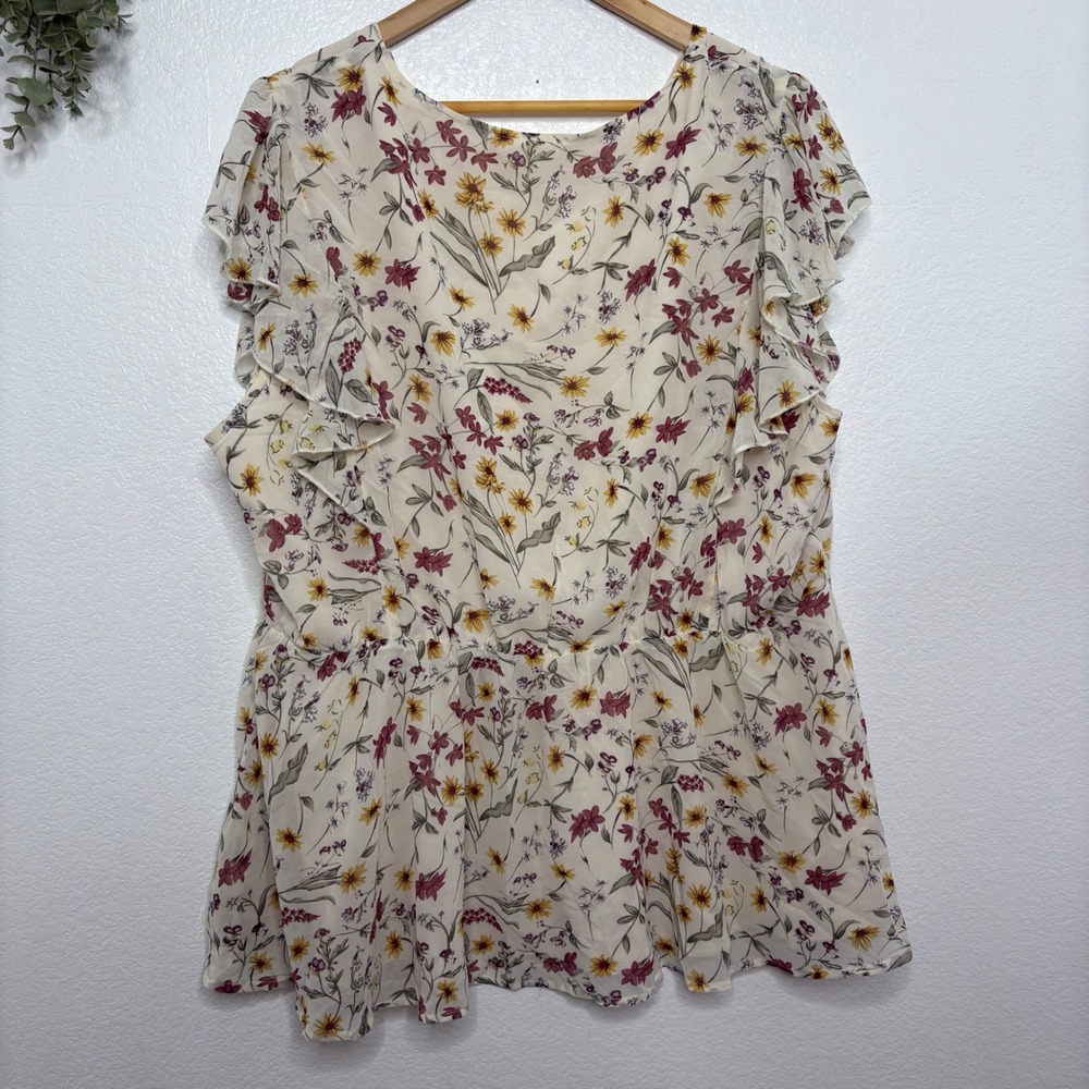BloomChic Floral Peplum Top Womens 22-24 Cream V-Neck Flutter Sleeve Chiffon - Picture 5 of 7